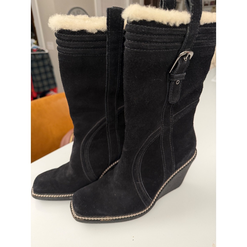 Cole Haan Black Suede Wedge Boots Faux Fur Trim F7 D22790 Size 5.5B